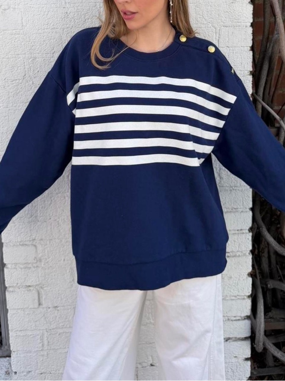 J.Crew navy blue striped sweatshirt with gold buttons Size XL #preppy